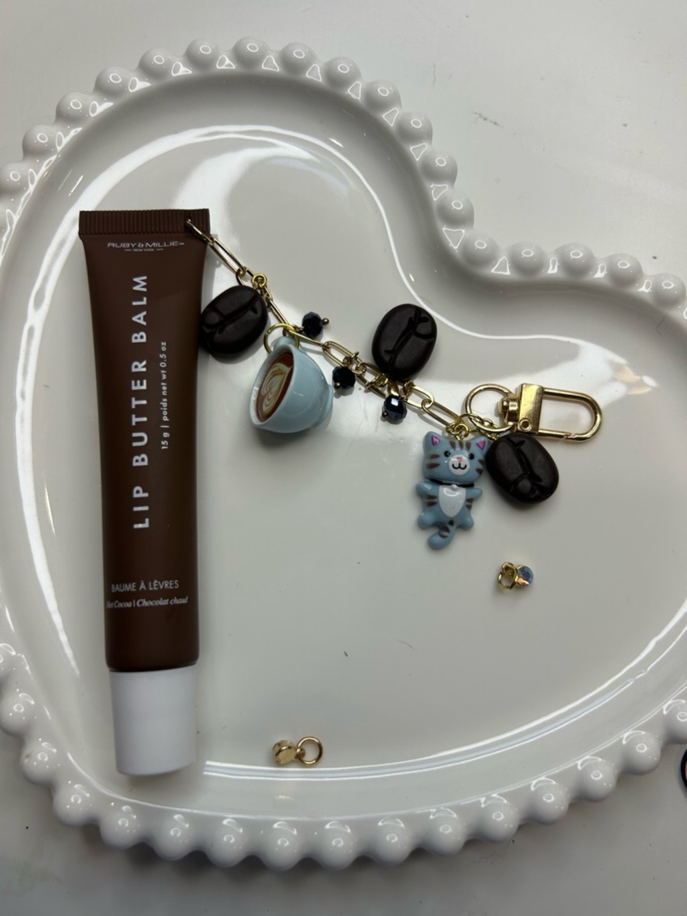 Ruby&Millie Lip Butter Balm in Hot Chocolate with Blue Cat&Coffee Charm Keychain